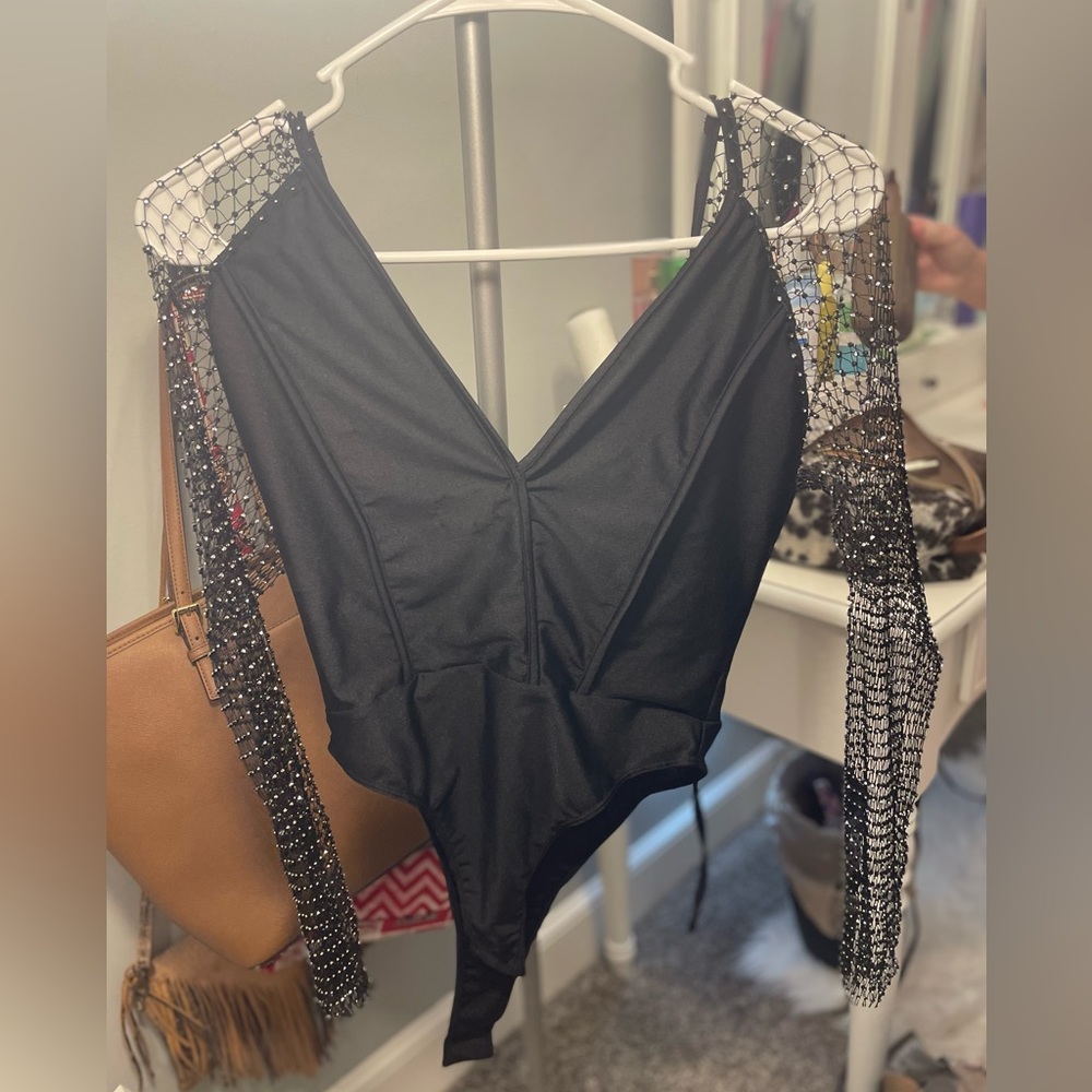 Black Bodysuit with Gemstone Sleeves